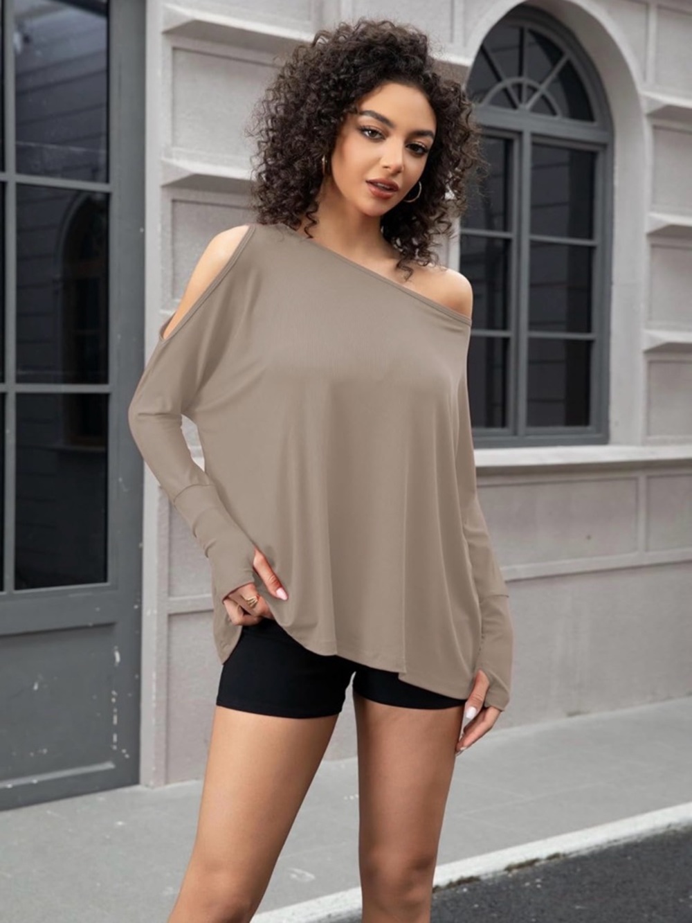 Women’s Taupe Cold-Shoulder Long Sleeve Top